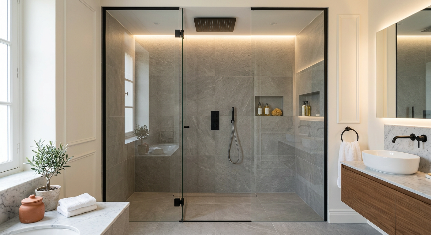 Installation de salle de bain moderne avec douche à l'italienne à Vélizy-Villacoublay